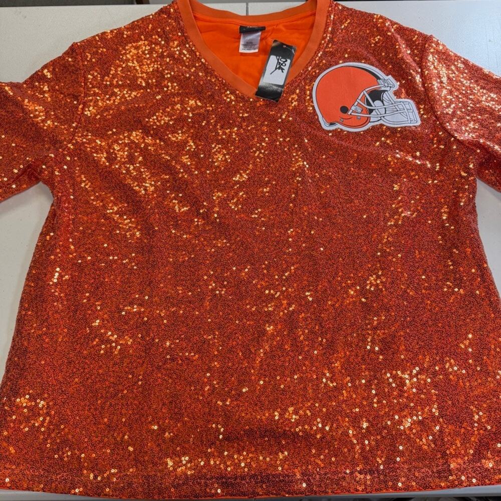 Cleveland Browns NFL Team Apparel Women's Sequined V-Neck Shirt XXL NWT